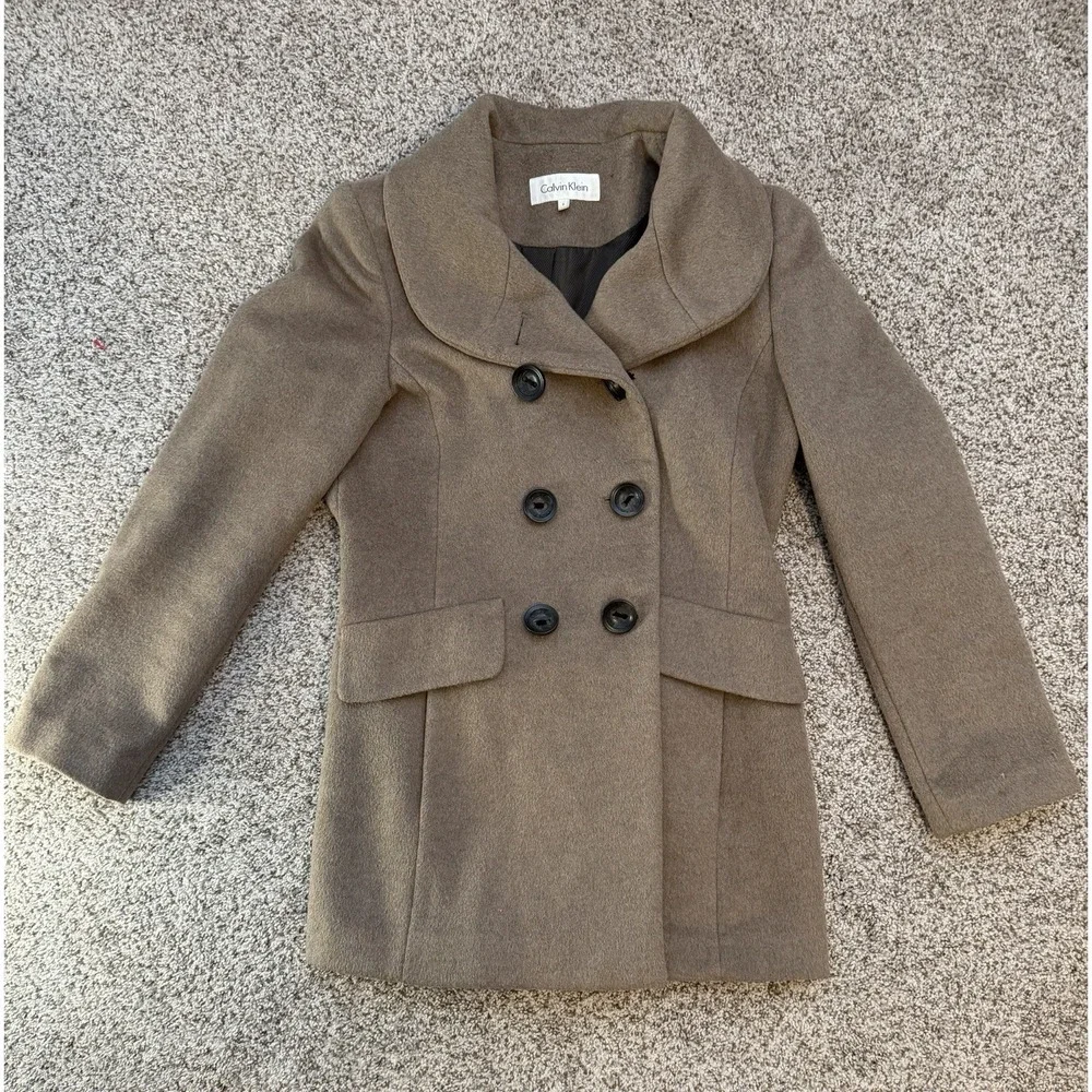 Calvin Klein Women's Double Breasted Wool Button Pea Coat Lined Pockets Sz 6 Tan